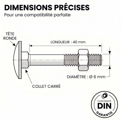 50 Boulons tête ronde collet carré DIN603/555 acier zingués Noir 6.0 X40 2