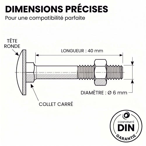 50 Boulons tête ronde collet carré DIN603/555 acier zingués Noir 6.0 X40