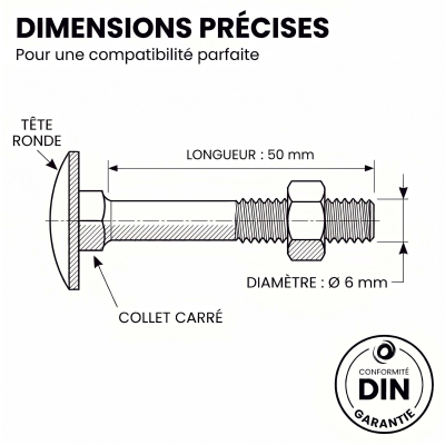 25 Boulons tête ronde collet carré DIN603/555 acier zingués Noir 6.0 X50 2