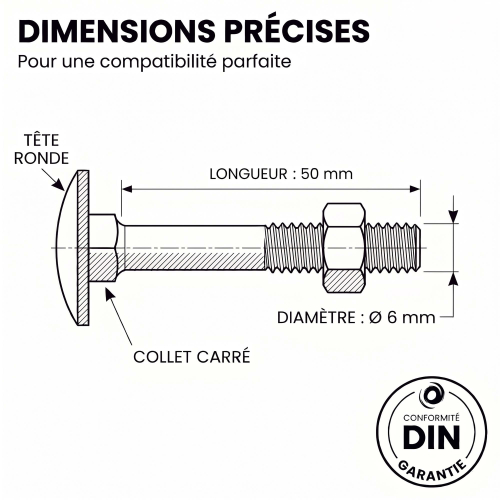 25 Boulons tête ronde collet carré DIN603/555 acier zingués Noir 6.0 X50