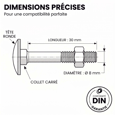 200 Boulons tête ronde collet carré DIN603/555 acier zingués Noir 8.0 X30 2