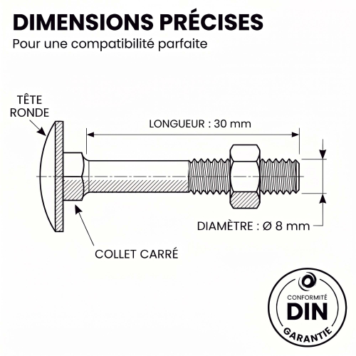 200 Boulons tête ronde collet carré DIN603/555 acier zingués Noir 8.0 X30