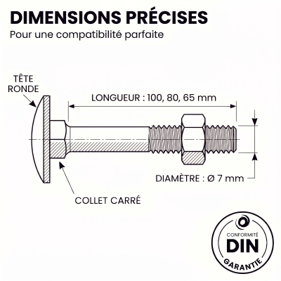 100 Boulons tête ronde collet carré DIN603/555 acier zingués Noir - diamètre 7,0 mm 2