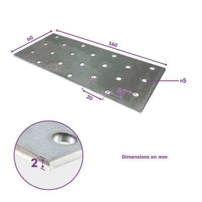 20 plaques d'assemblage perforées - Connecteurs bois - Acier galvanisé - 160x60 mm - Epaisseur 2 mm - Fabrication européenne 2
