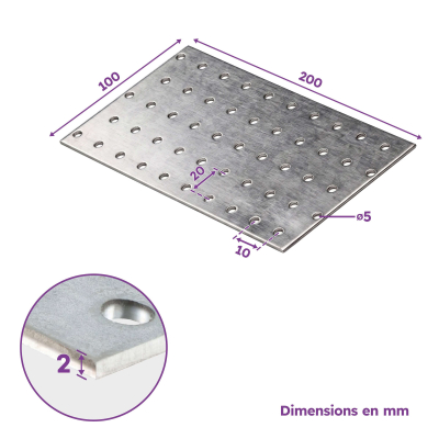 10 plaques d'assemblage perforées - Connecteurs bois - Acier galvanisé - 200x100 mm - Epaisseur 2 mm - Fabrication européenne 2
