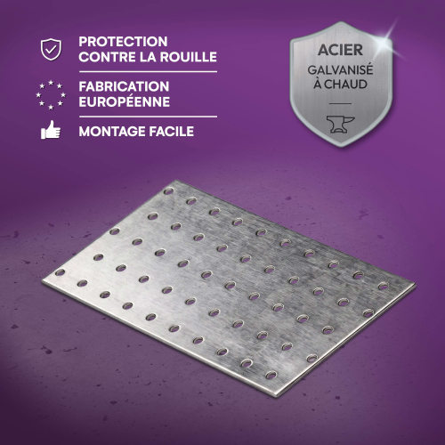 10 plaques d'assemblage perforées - Connecteurs bois - Acier galvanisé - 200x100 mm - Epaisseur 2 mm - Fabrication européenne