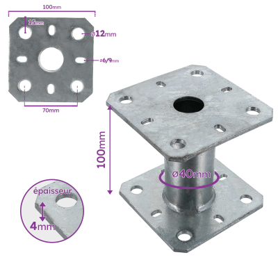 2 Embases pied de poteau - Platine 100x100mm - Diamètre 40mm - Acier galvanisé à chaud - Ht 100mm - Fabrication Europe
 2