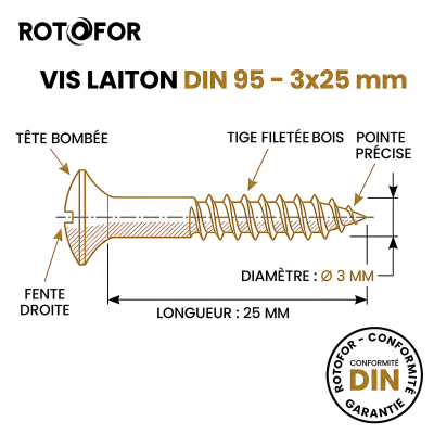 100 vis bois tête fraisée bombée fendue DIN95 laiton 3.0 x 25 2