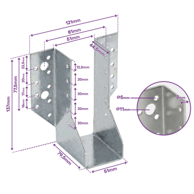 10 Sabots de charpente à ailes extérieures Connecteurs de poutres - Acier galvanisé - Larg 51 x Ht 137 mm - Fabriqué en Europe 2