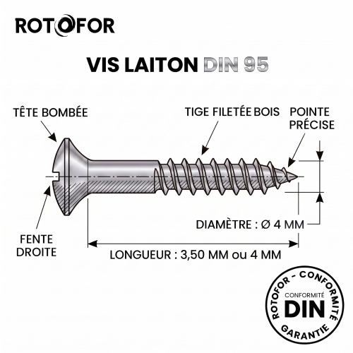 100 Vis Bois tête fraisée bombée fendue DIN95 Laiton Chrome - diamètre 4 mm