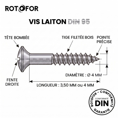 100 Vis Bois tête fraisée bombée fendue DIN95 Laiton Chrome - diamètre 4 mm