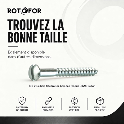 100 Vis Bois tête fraisée bombée fendue DIN95 Laiton Chrome - diamètre 4 mm