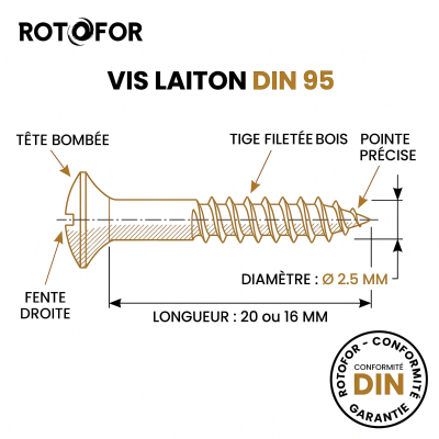 100 Vis Bois tête fraisée bombée fendue DIN95 Laiton - diamètre 2,5 mm 2