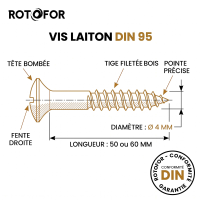 100 Vis Bois tête fraisée bombée fendue DIN95 Laiton - diamètre 4 mm 2
