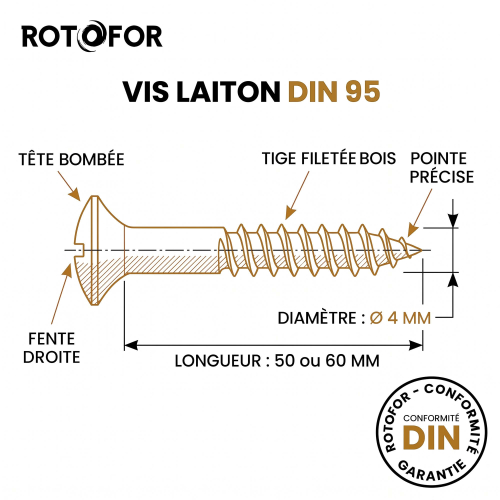 100 Vis Bois tête fraisée bombée fendue DIN95 Laiton - diamètre 4 mm