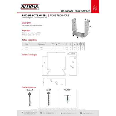 Embase de poteau à boulonner type EPU-71 (A x B x C) 71 x 150 x 60 mm