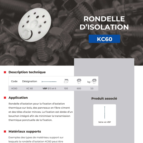 100 rondelles d'isolations KC D. 90 mm pour vis VBF ou cheville NFA - KC90 - Alsafix