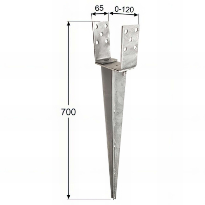 Pied de poteau en U zingué à enfoncer - Largeur réglable de 0 à 120 mm - 0-120 x 65 x 700 x 2,0 mm