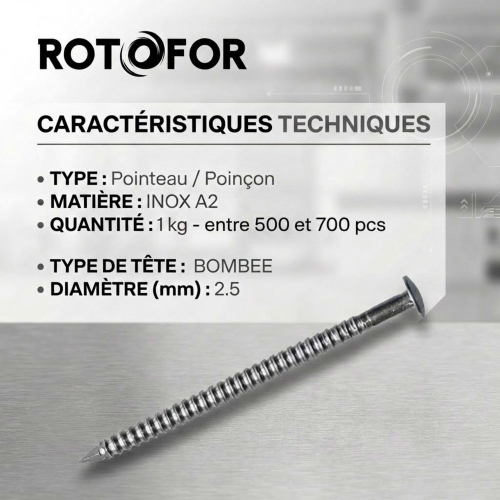 Pointes / Clous annelés tête bombée Inox A2 - Diam 2.5 mm - 1kg (environ 500-700 pcs)