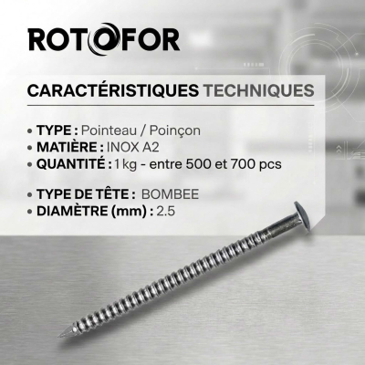 Pointes / Clous annelés tête bombée Inox A2 - Diam 2.5 mm - 1kg (environ 500-700 pcs)