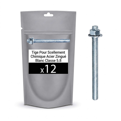 12 tiges pour scellement chimique 5.8 acier Zn - 10 x 130 + écrou + rondelle