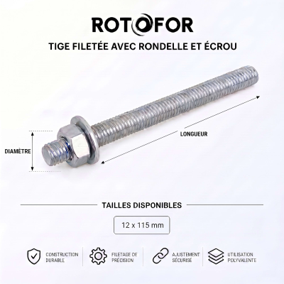 4 tiges pour scellement chimique 5.8 acier Zn - 12 X 115 + écrou + rondelle