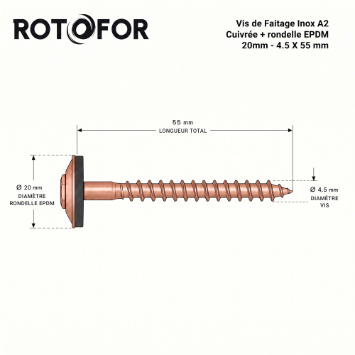 50 Vis de Faitage Inox A2 Cuivree + rondelle EPDM 20mm - 4.5 X 55 mm
