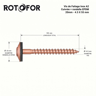 50 Vis de Faitage Inox A2 Cuivree + rondelle EPDM 20mm - 4.5 X 55 mm