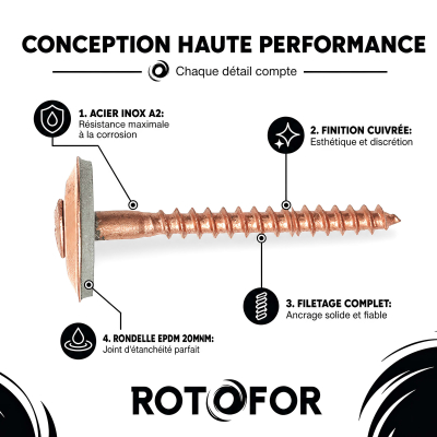 50 Vis de Faitage Inox A2 Cuivree + rondelle EPDM 20mm - 4.5 X 55 mm