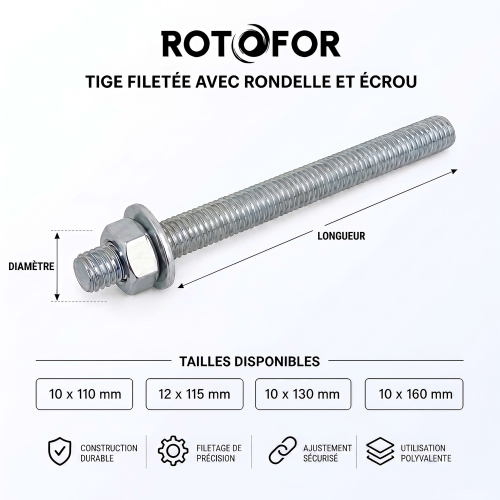 10 Tiges pour Scellement Chimique 5,8 acier Zn - diamètre 10 mm