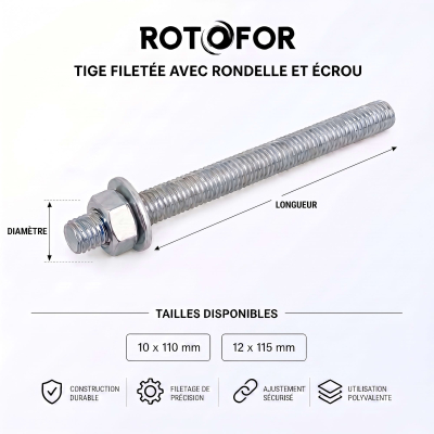 6 Tiges pour Scellement Chimique 5,8 acier Zn - 10 x 110 à 12 X 115 + Ecrou + Rondelle