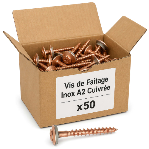 50 vis de faîtage en inox A2 finition cuivrée avec rondelle EPDM de longueur de 15 à 20 mm - diamètre 15 mm