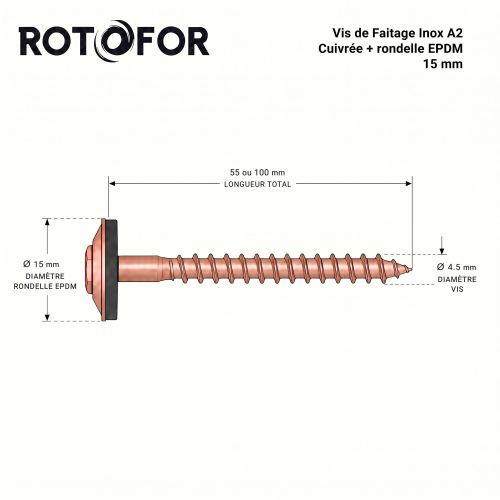 50 vis de faîtage en inox A2 finition cuivrée avec rondelle EPDM de longueur de 15 à 20 mm - diamètre 15 mm