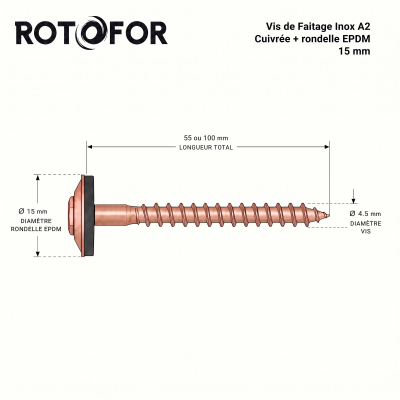 50 vis de faîtage en inox A2 finition cuivrée avec rondelle EPDM de longueur de 15 à 20 mm - diamètre 15 mm