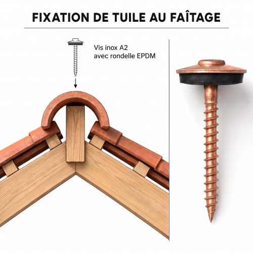 50 vis de faîtage en inox A2 finition cuivrée avec rondelle EPDM de longueur de 15 à 20 mm - diamètre 15 mm