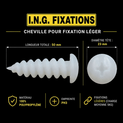 25 Chevilles pour fixation directe dans les isolants polystyrène - D. 23 x 50 mm - Empreinte Embout PH3 2