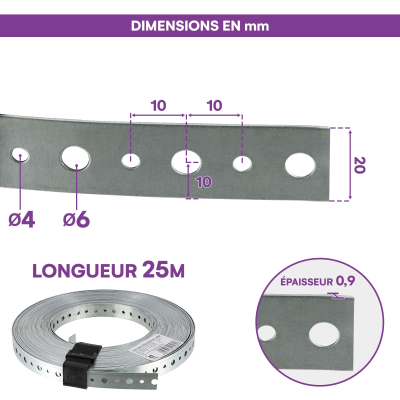Feuillard perforé galvanisée - 20 x 0,9 mm x 25 m 2