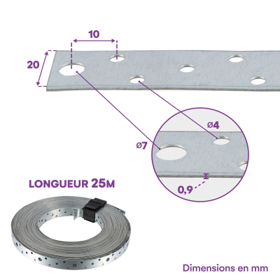 Feuillard perforé galvanisée - 20 x 0,9 mm x 25m 2