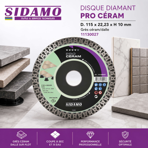 Disque diamant PRO CÉRAM D. 115 x 22,23 x H 10 mm Grès céram / dalle - 11130027 - Sidamo