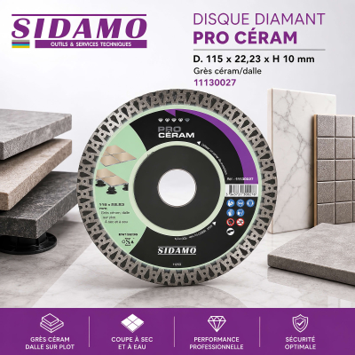 Disque diamant PRO CÉRAM D. 115 x 22,23 x H 10 mm Grès céram / dalle - 11130027 - Sidamo