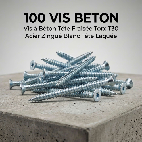 100 Vis Beton tête fraisée Torx - T30 7,5 X 92 mm à 7,5 X 182 mm Zn blanc tête Laquee