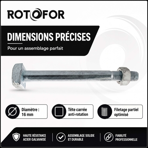 50 Boulons Charpente tête carrée Z, - écrous diamètre 16 mm