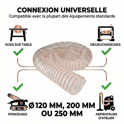 Gaine flexible d'aspiration en polyuréthane pour aspirateur à copeaux haute résistance - Longueur 5 mètres