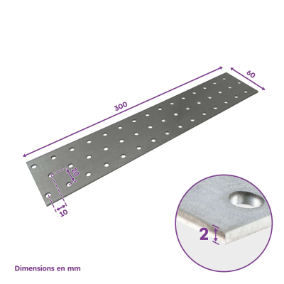 20 plaques d'assemblage perforées - Connecteurs bois - Acier galvanisé - 300x60 mm - Epaisseur 2 mm - Fabrication européenne 2