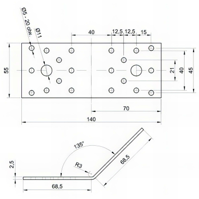 Équerre d'Assemblage 135° pour Aisselier et Renfort Bois - Acier Galvanisé Z275 DX51D - 70 x 70 x 55 x 2,5 mm 2