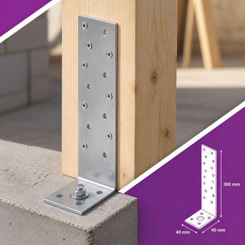 Équerre d'Ancrage Béton 300 mm - Acier Galvanisé Z275 DX51D - Certifiée CE & ATE - 300 x 40 x 40 x 2,0 mm - FIXTOUT