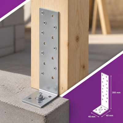 Équerre d'Ancrage Béton 300 mm - Acier Galvanisé Z275 DX51D - Certifiée CE & ATE - 300 x 40 x 40 x 2,0 mm - FIXTOUT