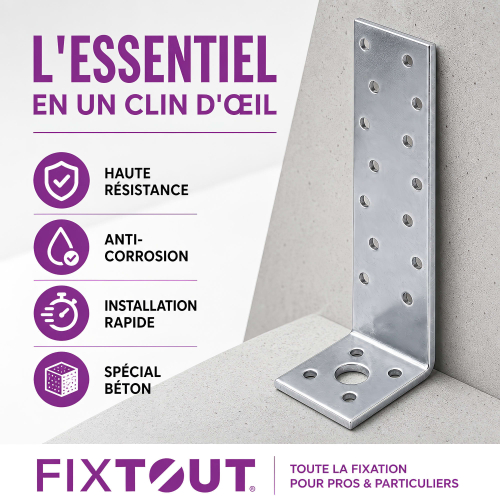 Équerre d'Ancrage Béton 300 mm - Acier Galvanisé Z275 DX51D - Certifiée CE & ATE - 300 x 40 x 40 x 2,0 mm - FIXTOUT