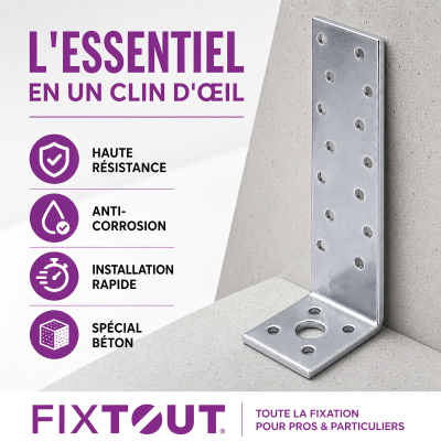 Équerre d'Ancrage Béton 300 mm - Acier Galvanisé Z275 DX51D - Certifiée CE & ATE - 300 x 40 x 40 x 2,0 mm - FIXTOUT