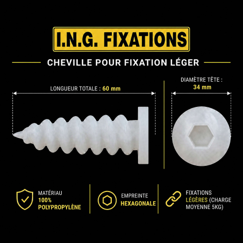 25 Chevilles pour fixation directe dans les isolants polystyrène - D. 34 x 60 mm - Embout TH10